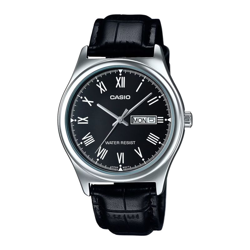 Casio Mens Black Roman Dial Day Date Analog Watch With Leather Strap